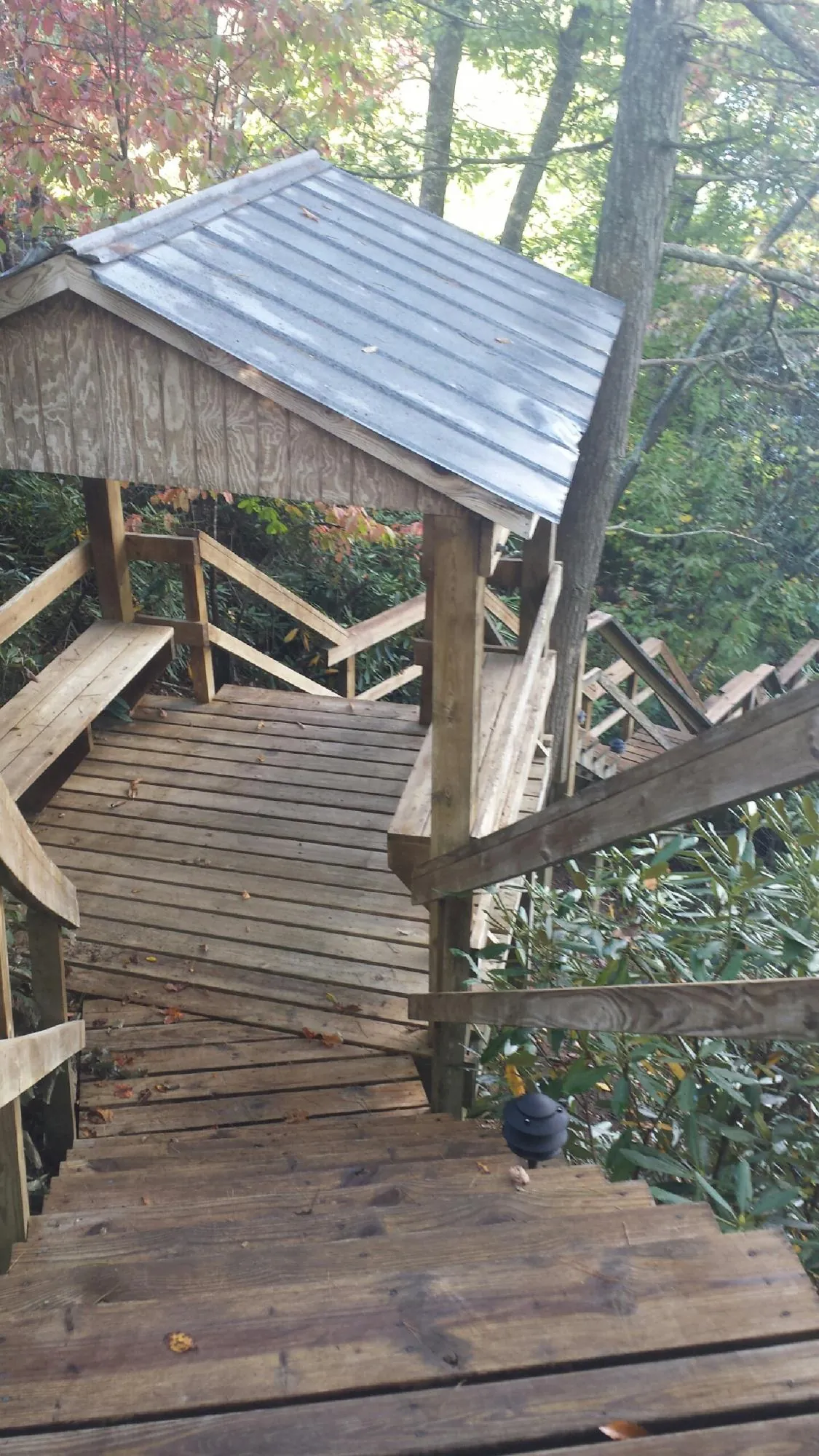Metal roofed shelter over wooden steps on a wooded walkway — Skylight Repair & Installation work by our crew in Columbus City